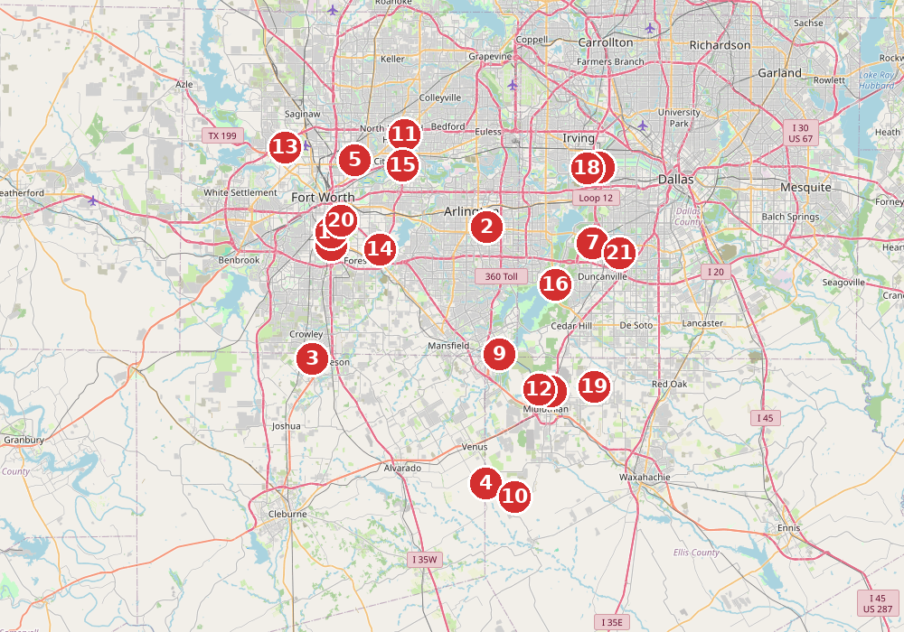 Map of 21 active road construction projects in and around Mansfield
