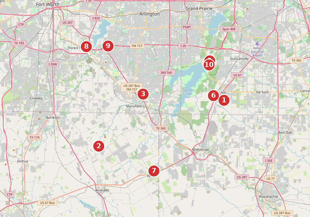 Map of 10 active road construction projects in and around Mansfield