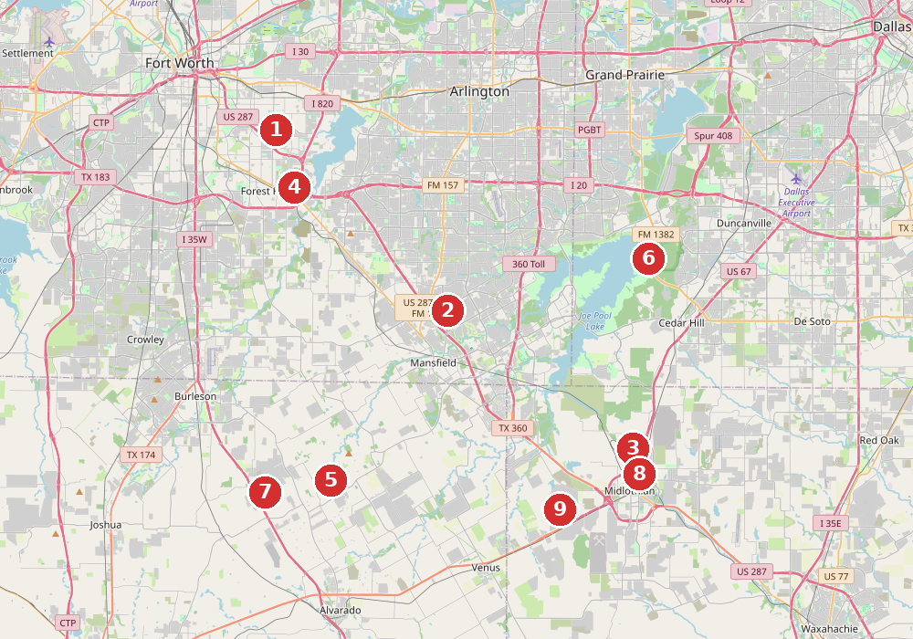 Map of 9 active road construction projects in and around Mansfield